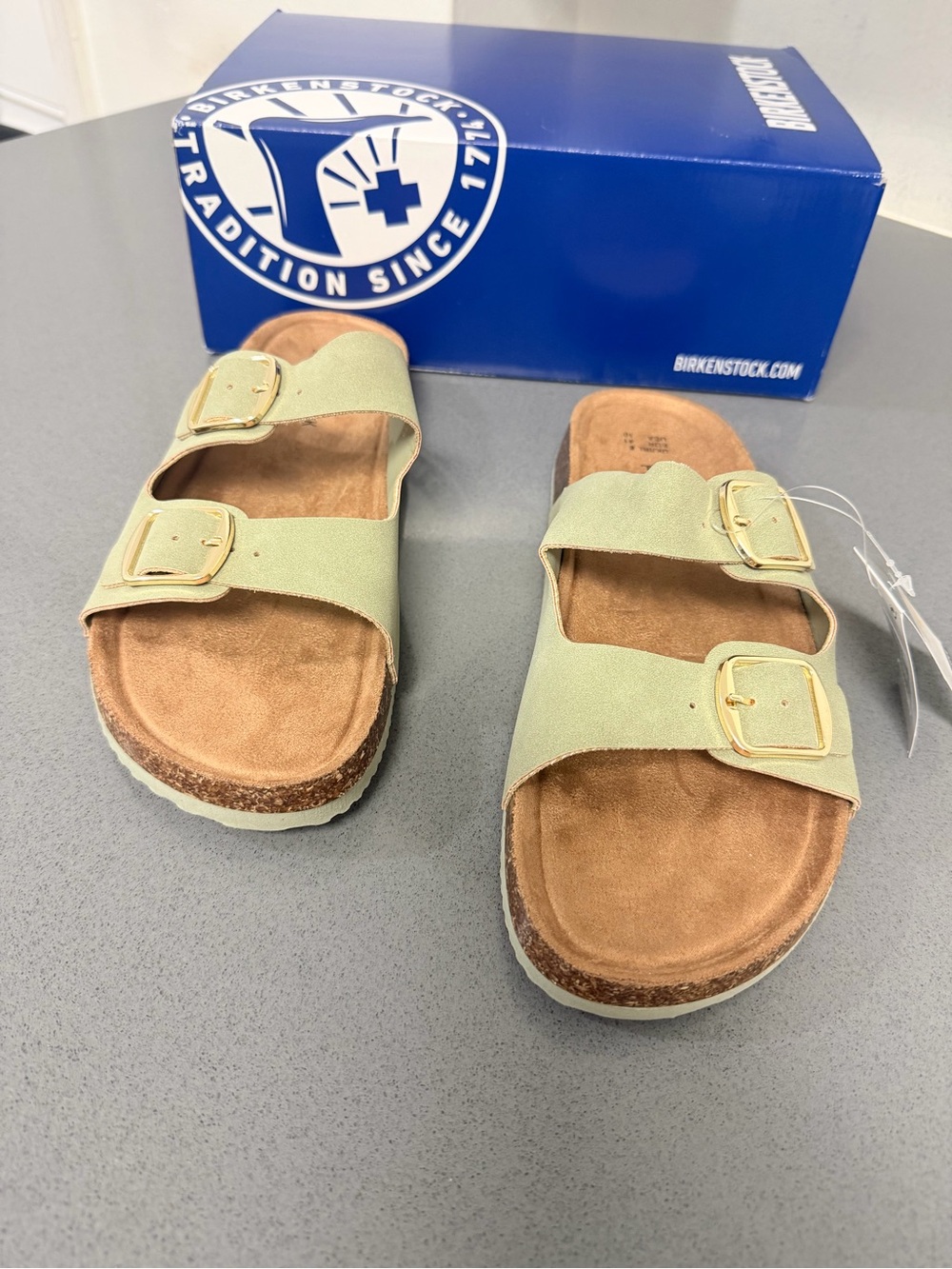 Green double Buckle footbed Slide Sandals cork midsole size 10 comfortable - Picture 2 of 7